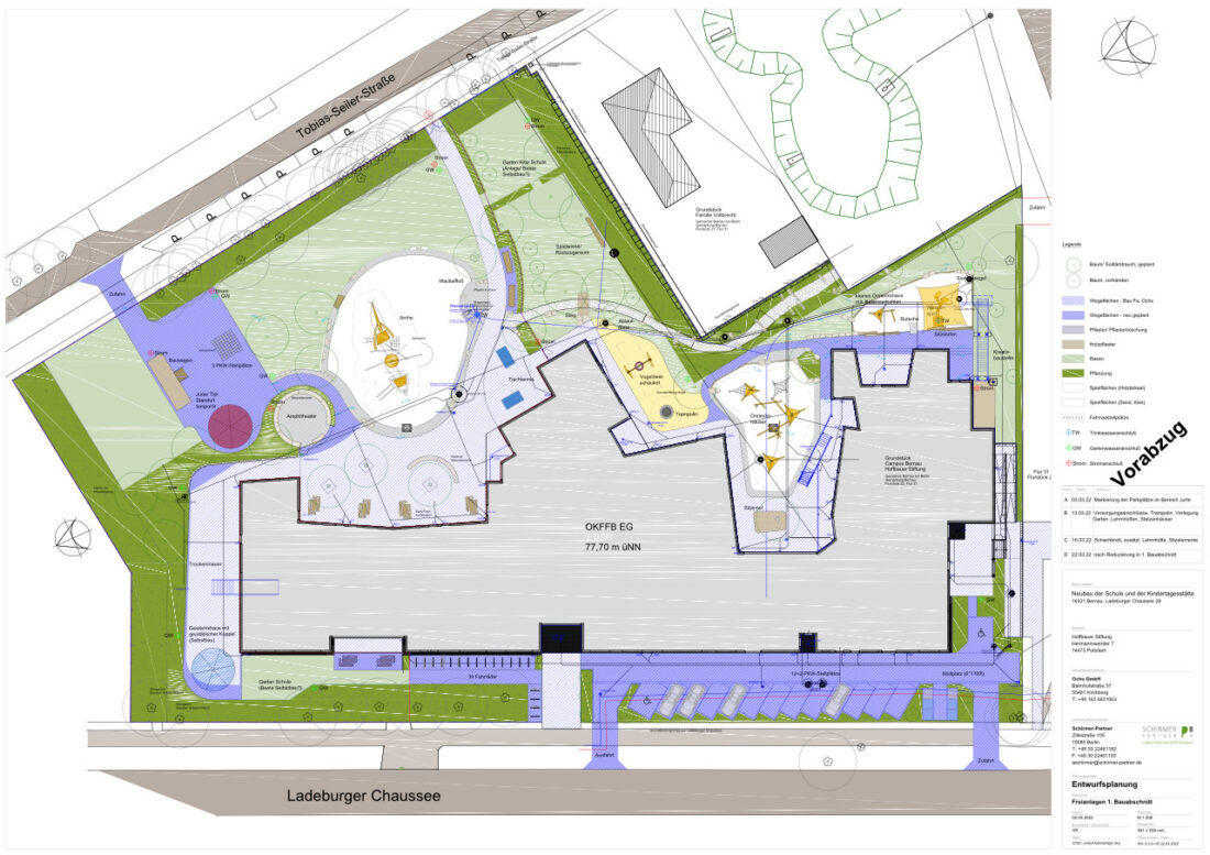 Spielplatzgestaltung für den Neubau der Evangelischen Schule und Kindertagesstätte in Bernau, Entwurf Außenanlage Lageplan